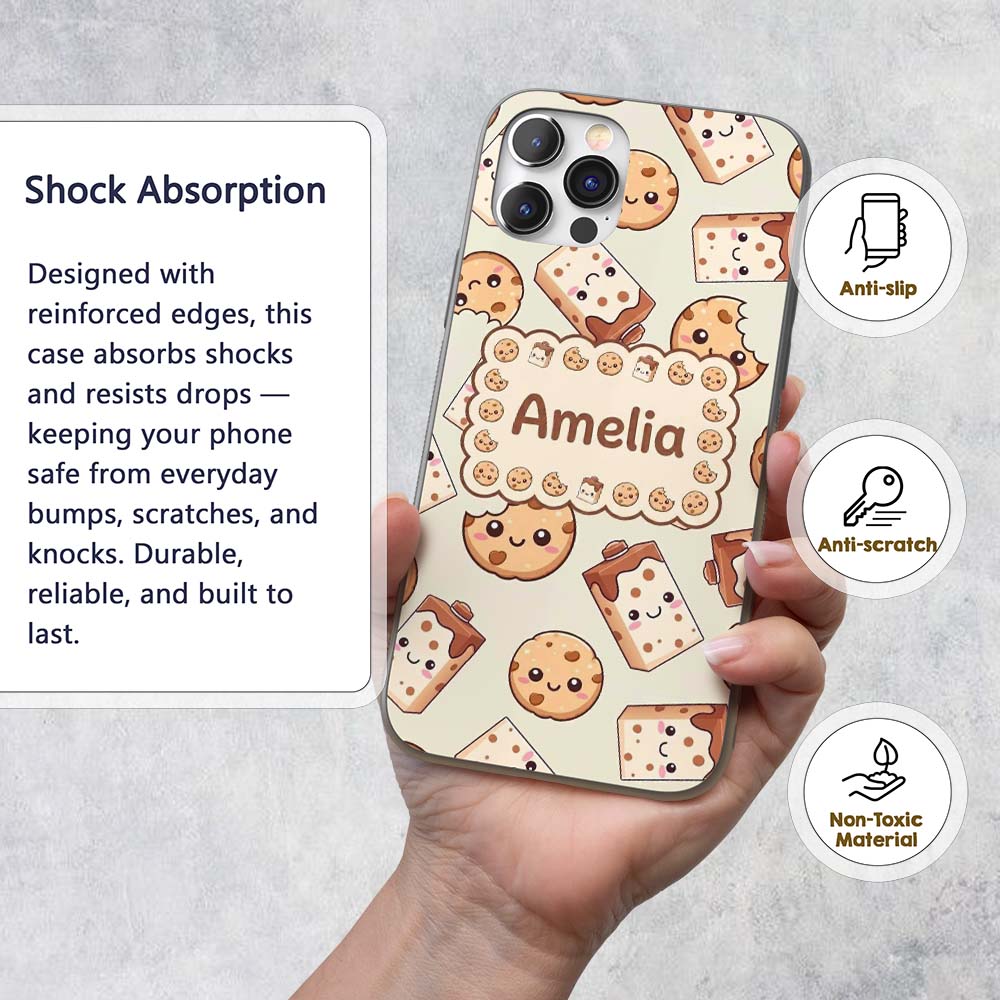 Cute Kawaii Cookies and Chocolate Milk Carton Custom Name Protective Phone Case Mobile Cover Durable Everyday Smartphone Shock Resistant