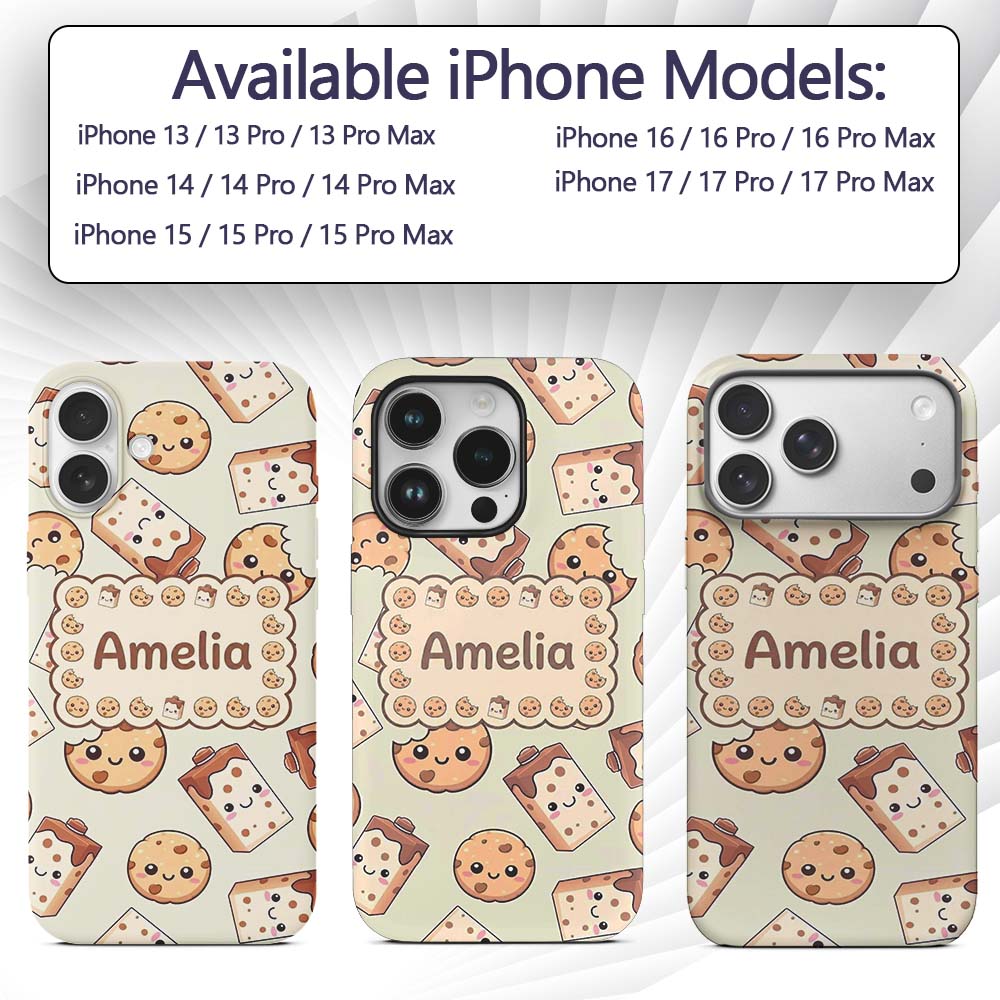 Cute Kawaii Cookies and Chocolate Milk Carton Custom Name Protective Phone Case Mobile Cover Durable Everyday Smartphone Shock Resistant