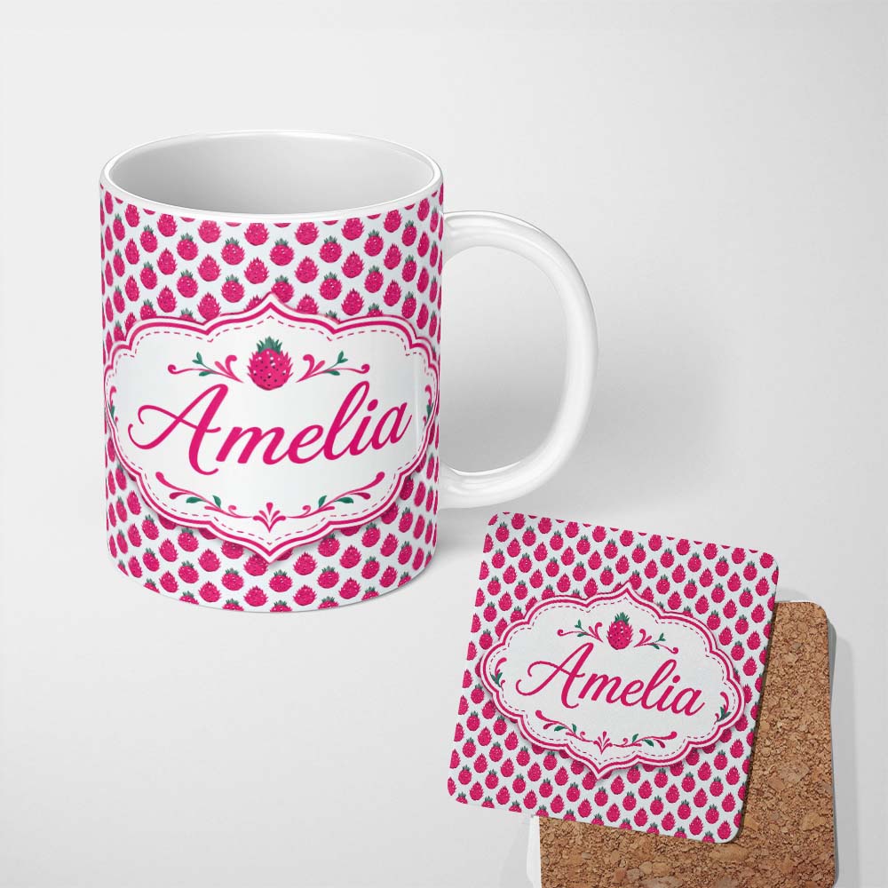 Personalized Custom Name Cute Dragon Fruit Minimal Repeat Seamless Pattern Cute Unique Gift 11oz Ceramic Coffee Tea Mug White Large Handle