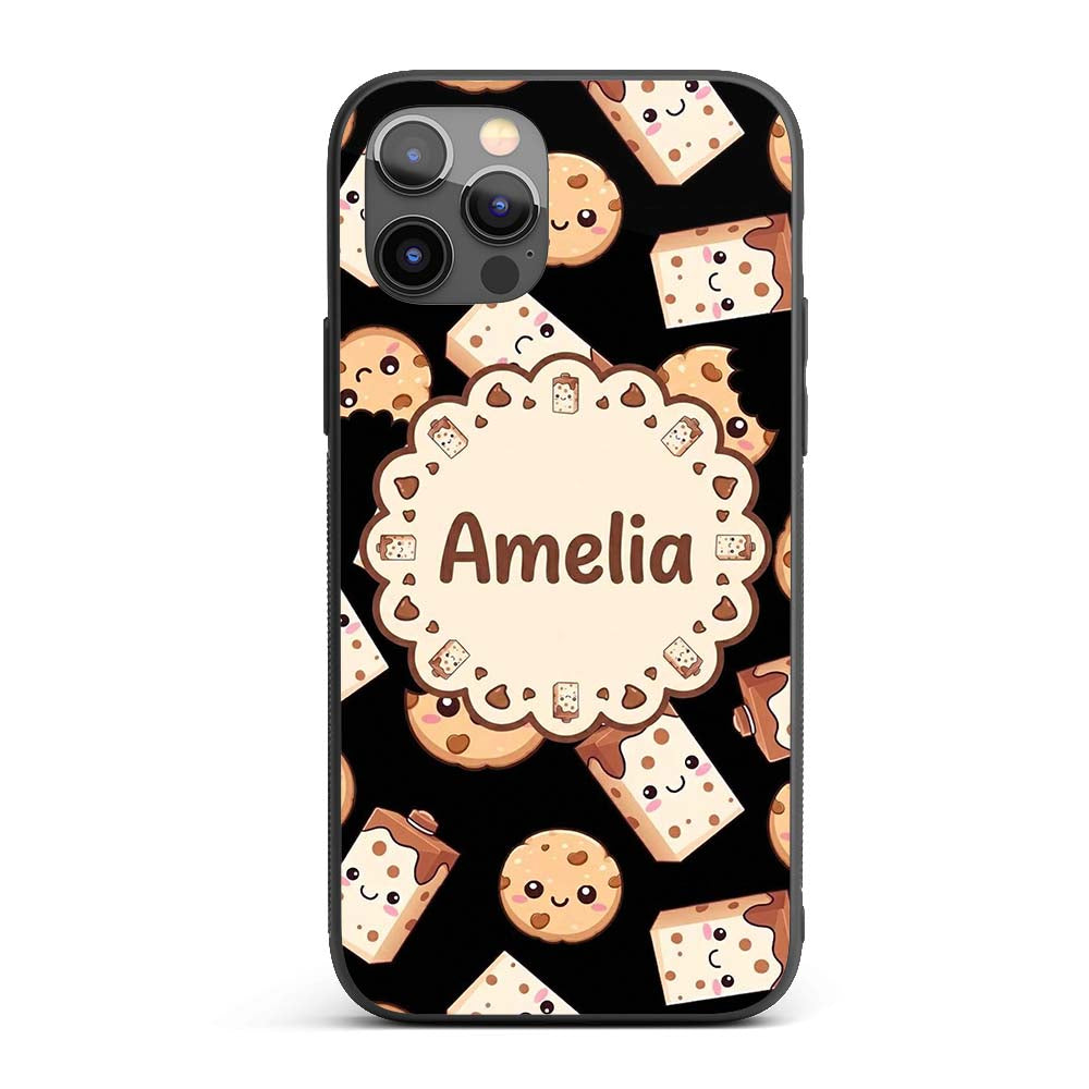 Cute Kawaii Cookies and Chocolate Milk Carton Custom Name Protective Phone Case Mobile Cover Durable Everyday Smartphone Shock Resistant