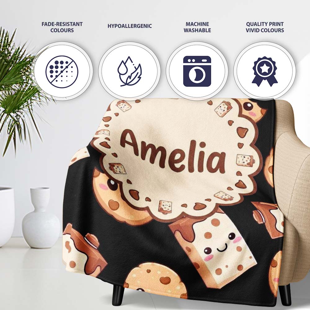 Cute Kawaii Cookies and Chocolate Milk Carton Black Background  Personalised Custom Name Super Soft Fleece Blanket Bed Sofa Throw