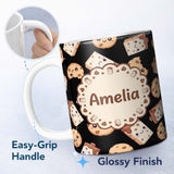 Personalized Custom Name Cute Kawaii Cookies and Chocolate Milk Carton Black Background 11oz Ceramic Coffee Tea Mug White Large Handle