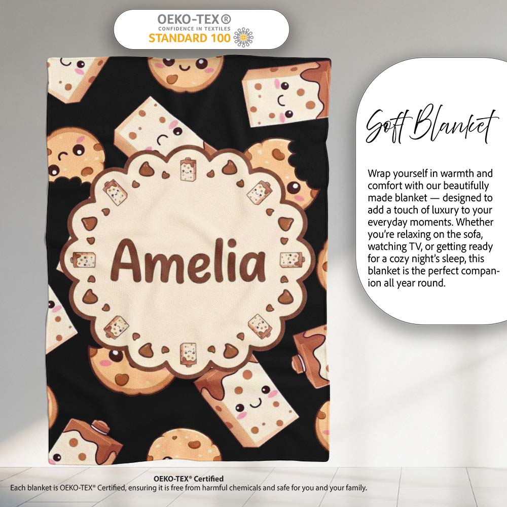 Cute Kawaii Cookies and Chocolate Milk Carton Black Background  Personalised Custom Name Super Soft Fleece Blanket Bed Sofa Throw