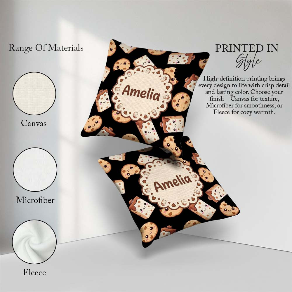 Custom Name Cute Kawaii Cookies and Milk Carton Black Background Square Filled Cushion Throw Pillow Sofa Bed Home Decor Zip Washable UK Made
