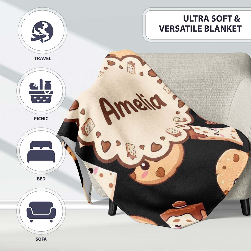 Cute Kawaii Cookies and Chocolate Milk Carton Black Background  Personalised Custom Name Super Soft Fleece Blanket Bed Sofa Throw