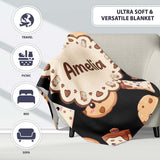 Cute Kawaii Cookies and Chocolate Milk Carton Black Background  Personalised Custom Name Super Soft Fleece Blanket Bed Sofa Throw