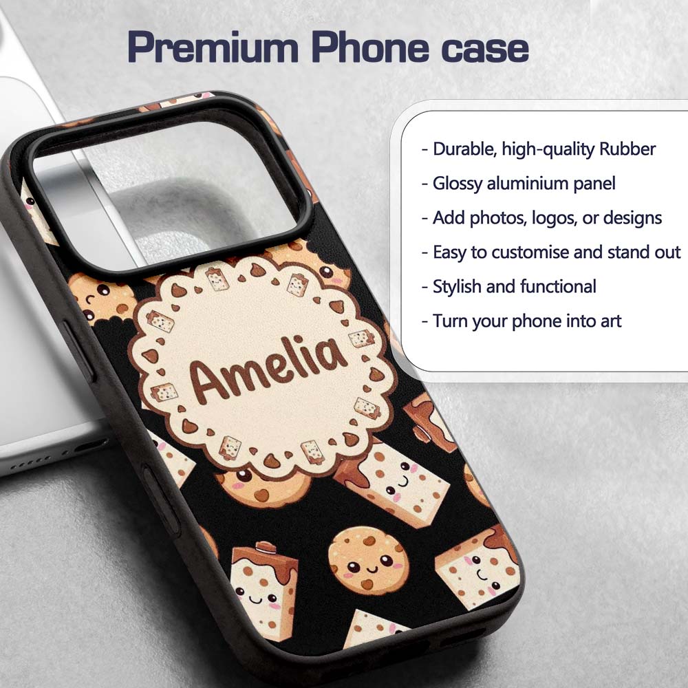 Cute Kawaii Cookies and Chocolate Milk Carton Custom Name Protective Phone Case Mobile Cover Durable Everyday Smartphone Shock Resistant