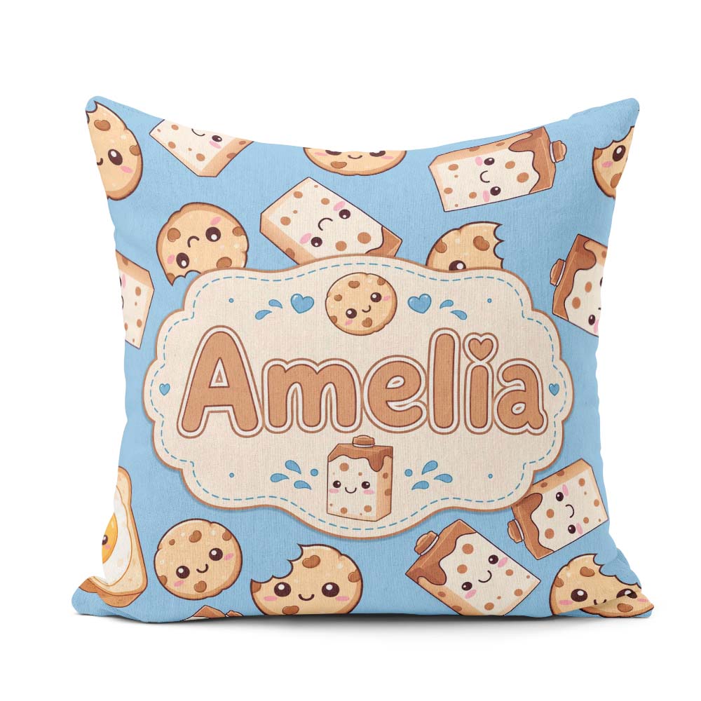 Custom Name Cute Kawaii Cookies and Milk Carton Blue Background Square Filled Cushion Throw Pillow Sofa Bed Home Decor Zip Washable UK Made
