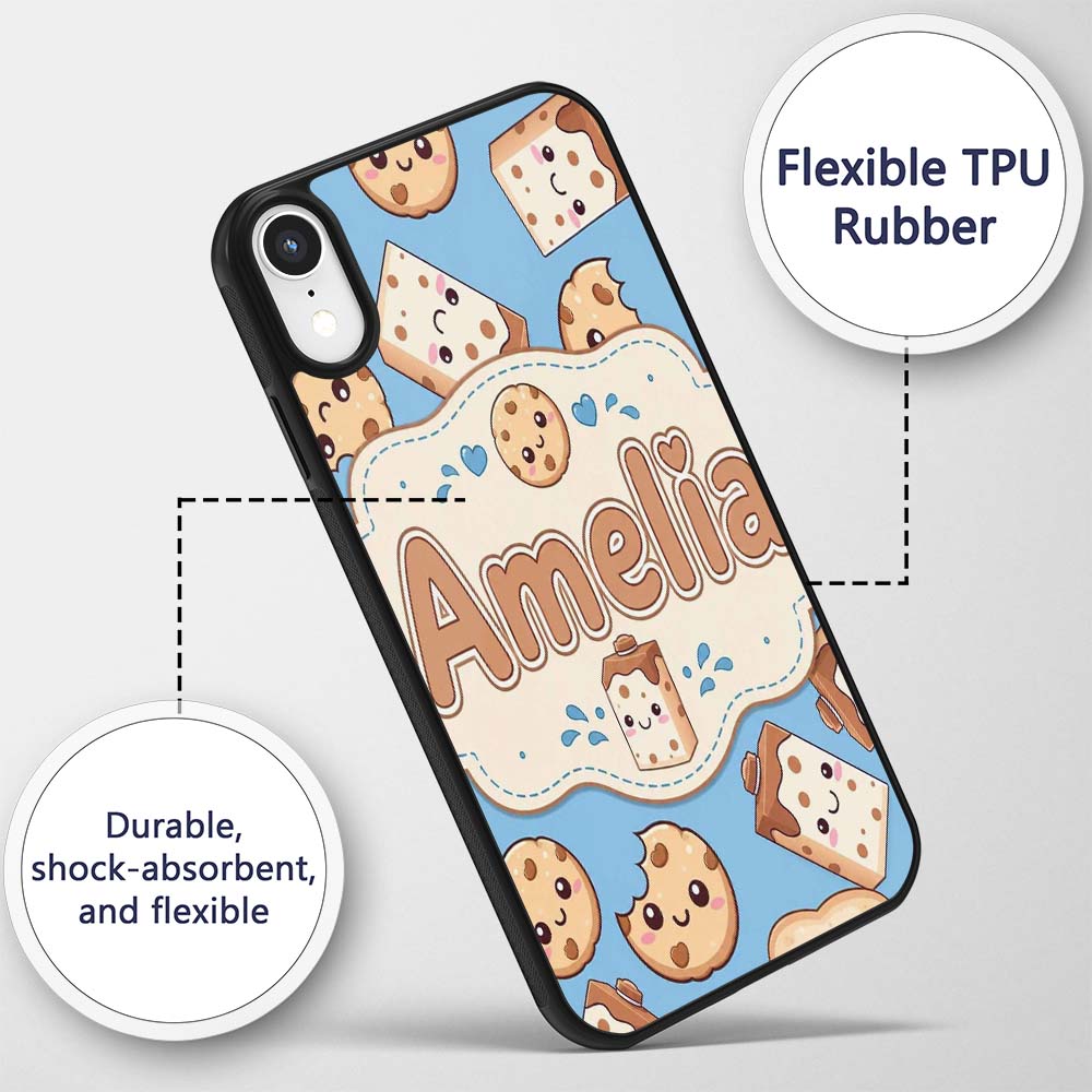 Cute Kawaii Cookies and Chocolate Milk Carton Custom Name Protective Phone Case Mobile Cover Durable Everyday Smartphone Shock Resistant