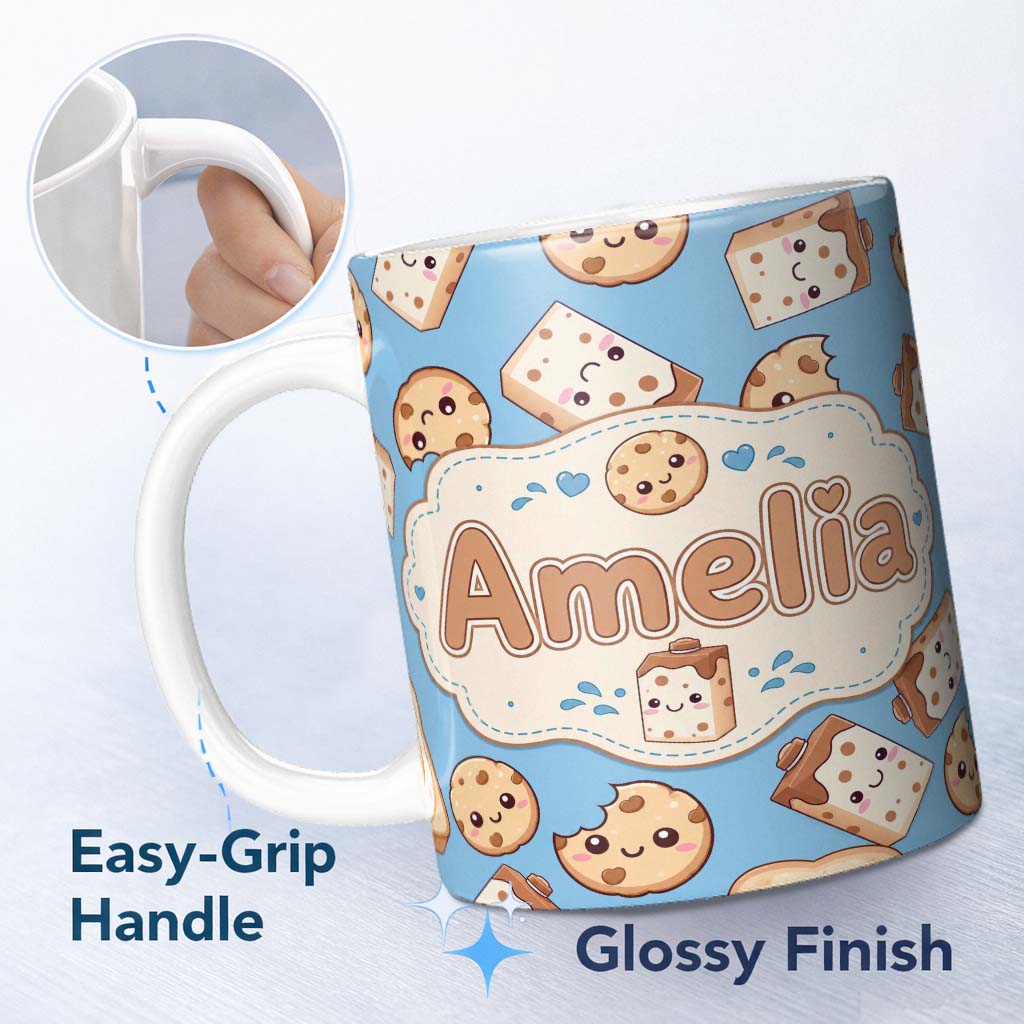 Personalized Custom Name Cute Kawaii Cookies and Chocolate Milk Carton Blue Background 11oz Ceramic Coffee Tea Mug White Large Handle