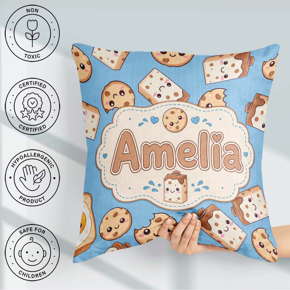 Custom Name Cute Kawaii Cookies and Milk Carton Blue Background Square Filled Cushion Throw Pillow Sofa Bed Home Decor Zip Washable UK Made