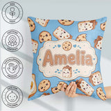 Custom Name Cute Kawaii Cookies and Milk Carton Blue Background Square Filled Cushion Throw Pillow Sofa Bed Home Decor Zip Washable UK Made