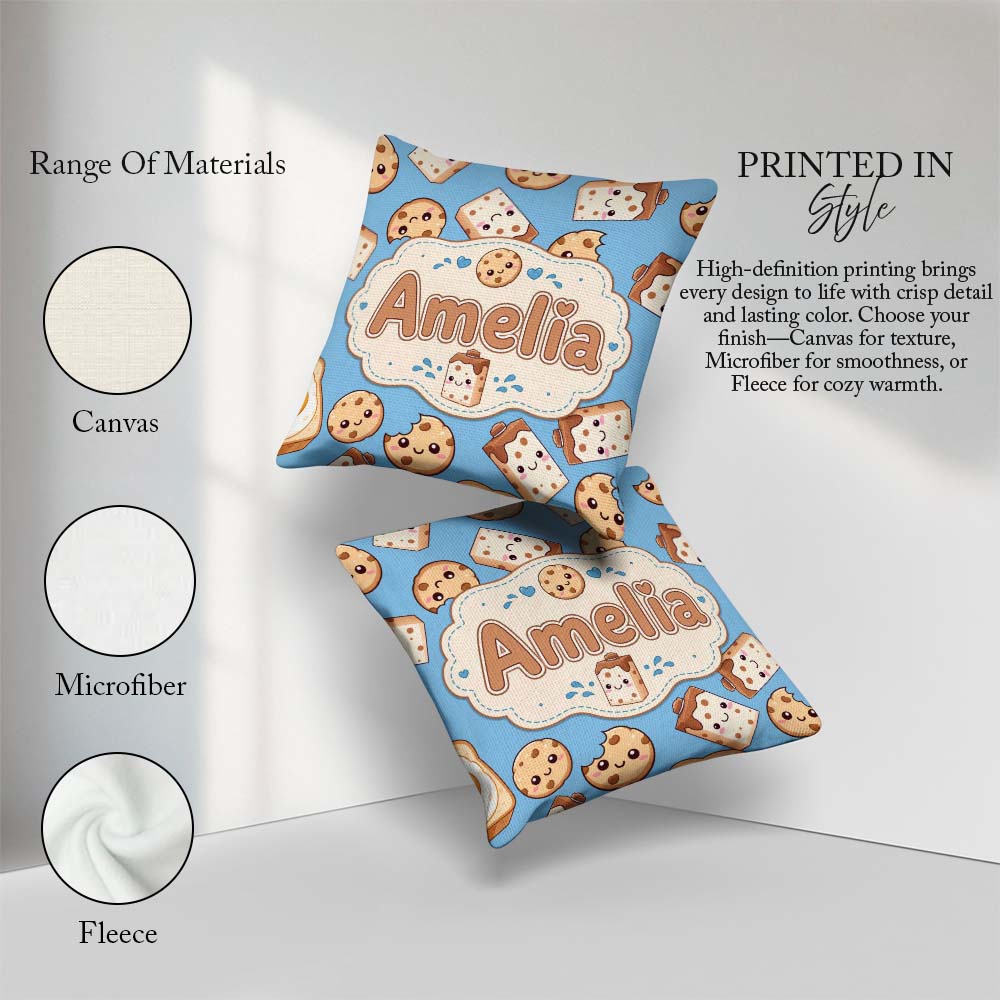 Custom Name Cute Kawaii Cookies and Milk Carton Blue Background Square Filled Cushion Throw Pillow Sofa Bed Home Decor Zip Washable UK Made
