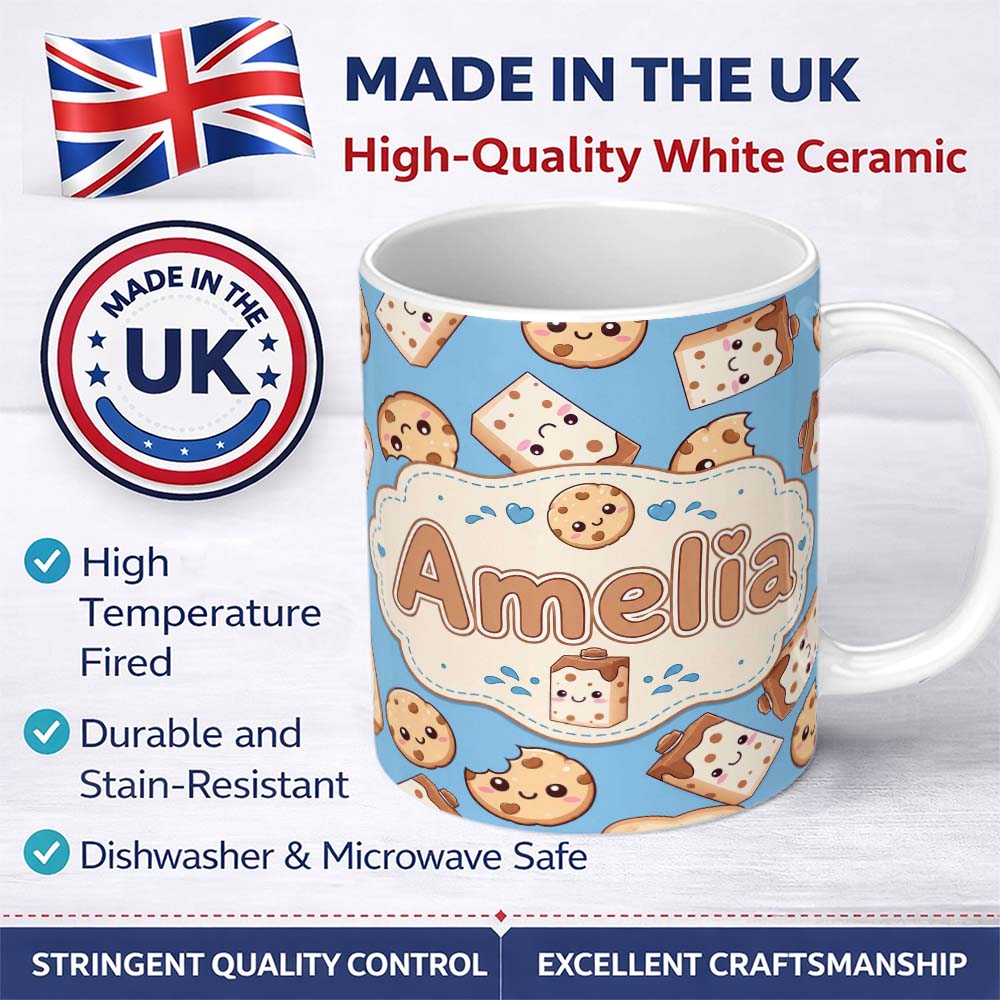 Personalized Custom Name Cute Kawaii Cookies and Chocolate Milk Carton Blue Background 11oz Ceramic Coffee Tea Mug White Large Handle
