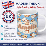 Personalized Custom Name Cute Kawaii Cookies and Chocolate Milk Carton Blue Background 11oz Ceramic Coffee Tea Mug White Large Handle