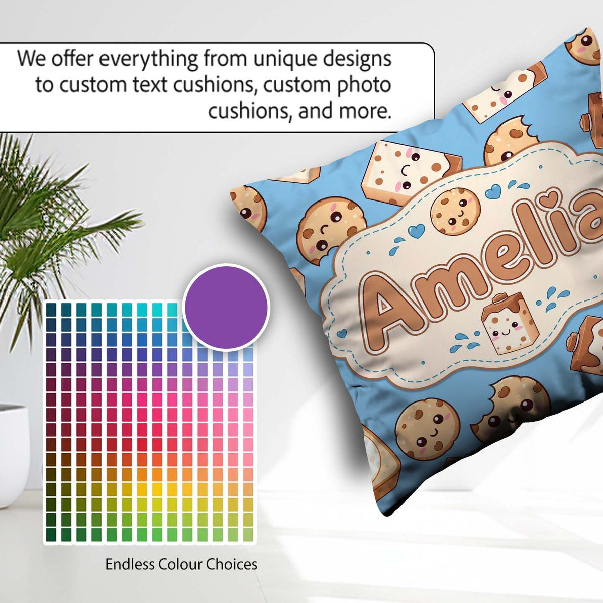 Custom Name Cute Kawaii Cookies and Milk Carton Blue Background Square Filled Cushion Throw Pillow Sofa Bed Home Decor Zip Washable UK Made