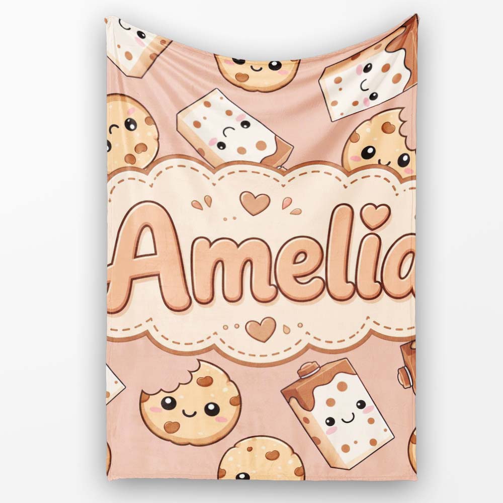 Cute Kawaii Cookies and Chocolate Milk Carton Brown Background  Personalised Custom Name Super Soft Fleece Blanket Bed Sofa Throw