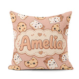 Custom Name Cute Kawaii Cookies and Milk Carton Brown Background Square Filled Cushion Throw Pillow Sofa Bed Home Decor Zip Washable UK Made