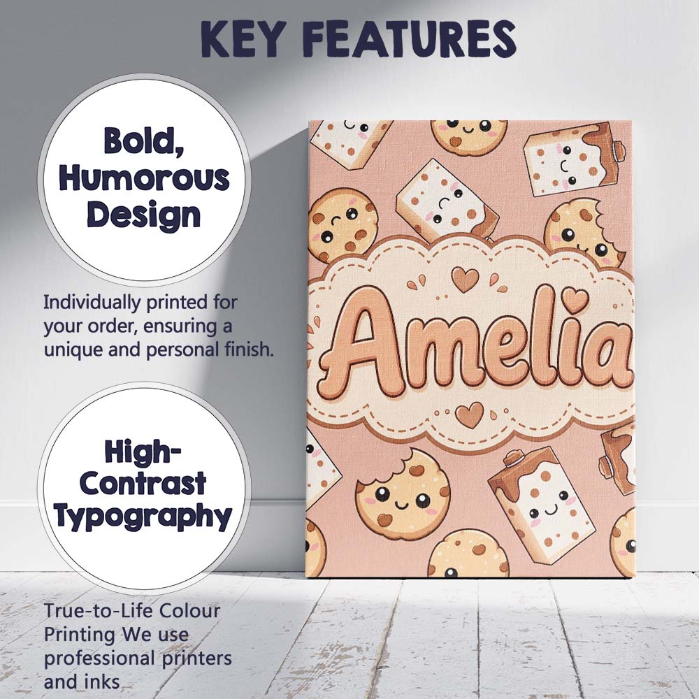 Personalised Name Cute Kawaii Cookies and Custom  Unique Gift Idea Elegant Feature Canvas Wall Art Print Decor Picture Ready to Hang