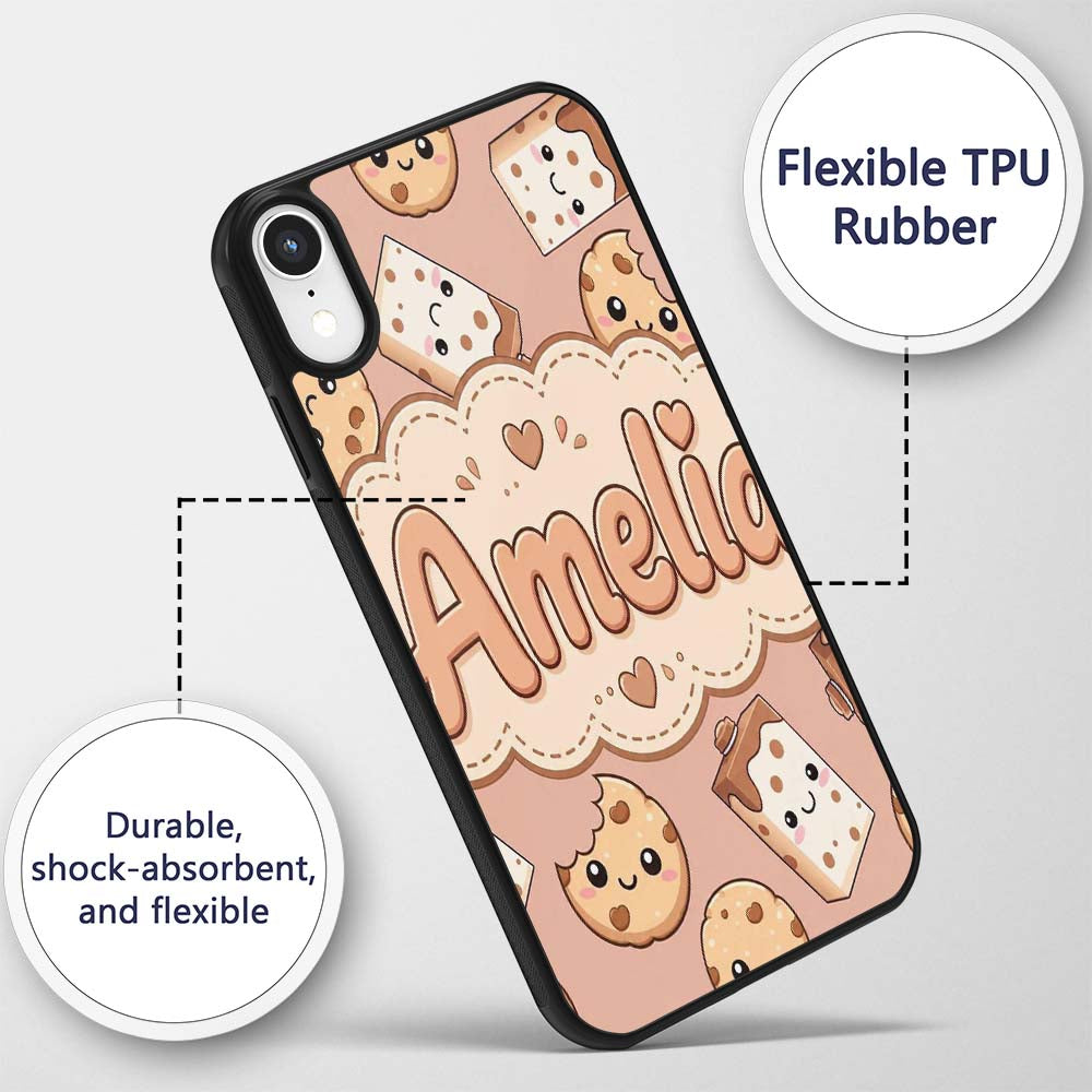 Cute Kawaii Cookies and Chocolate Milk Carton Custom Name Protective Phone Case Mobile Cover Durable Everyday Smartphone Shock Resistant