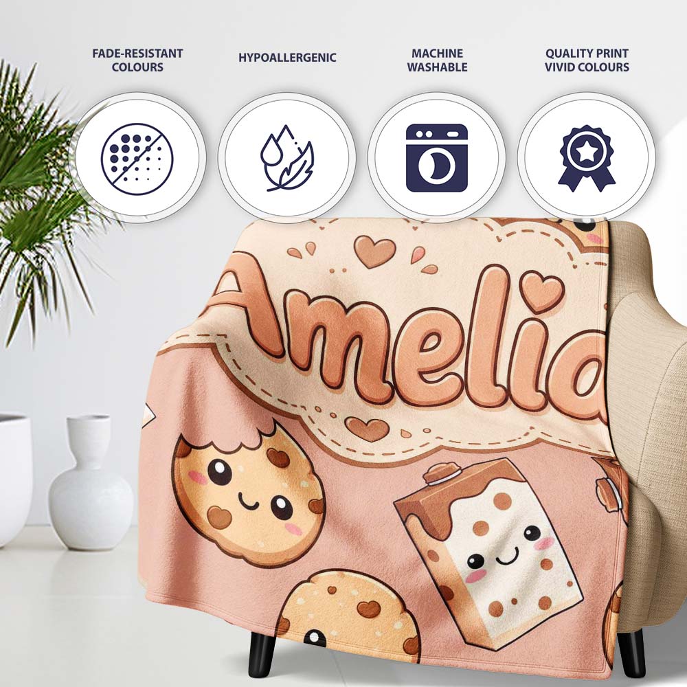 Cute Kawaii Cookies and Chocolate Milk Carton Brown Background  Personalised Custom Name Super Soft Fleece Blanket Bed Sofa Throw