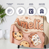 Cute Kawaii Cookies and Chocolate Milk Carton Brown Background  Personalised Custom Name Super Soft Fleece Blanket Bed Sofa Throw