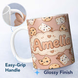 Personalized Custom Name Cute Kawaii Cookies and Chocolate Milk Carton Brown Background 11oz Ceramic Coffee Tea Mug White Large Handle