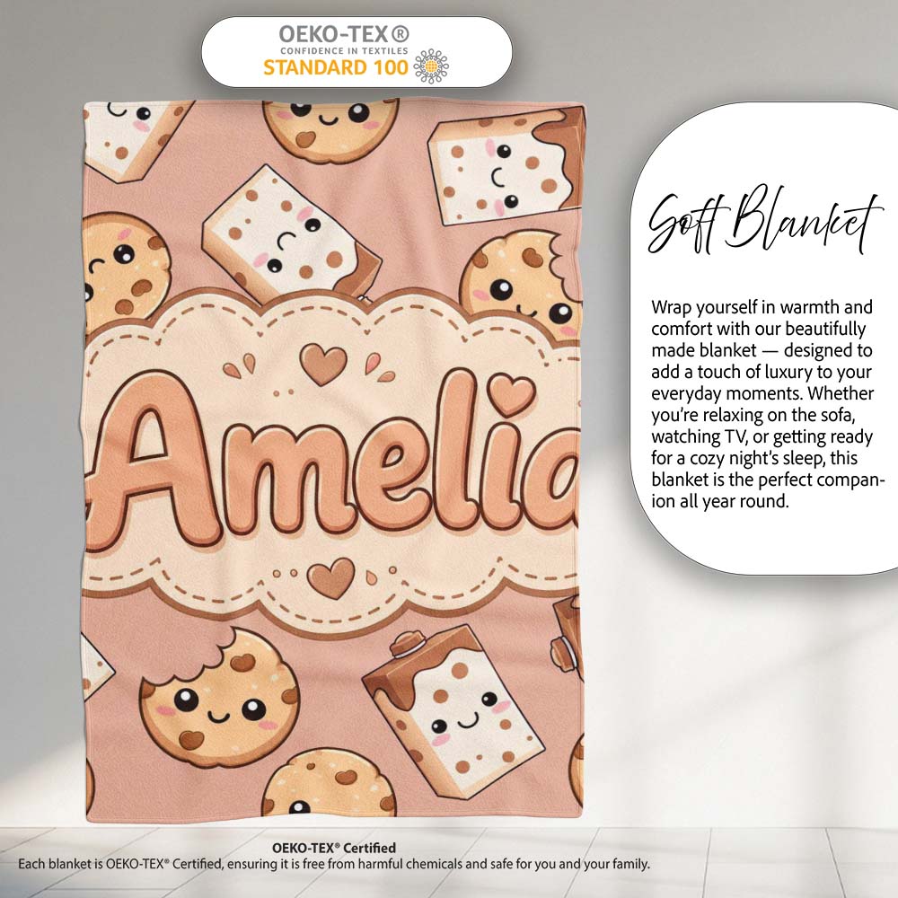 Cute Kawaii Cookies and Chocolate Milk Carton Brown Background  Personalised Custom Name Super Soft Fleece Blanket Bed Sofa Throw