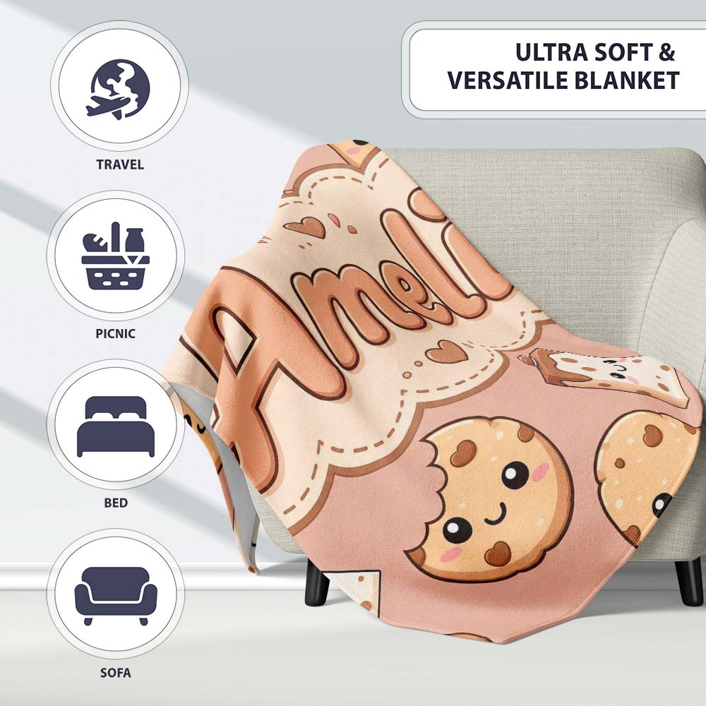 Cute Kawaii Cookies and Chocolate Milk Carton Brown Background  Personalised Custom Name Super Soft Fleece Blanket Bed Sofa Throw
