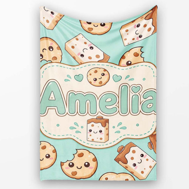 Cute Kawaii Cookies and Chocolate Milk Carton Teal Background  Personalised Custom Name Super Soft Fleece Blanket Bed Sofa Throw