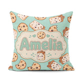 Custom Name Cute Kawaii Cookies and Milk Carton Teal Background Square Filled Cushion Throw Pillow Sofa Bed Home Decor Zip Washable UK Made