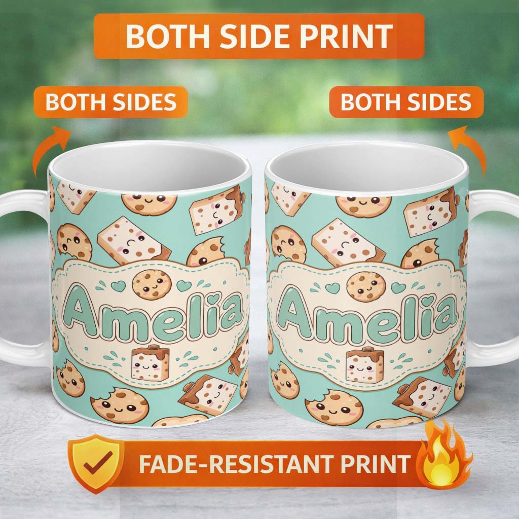 Personalized Custom Name Cute Kawaii Cookies and Chocolate Milk Carton Teal Background 11oz Ceramic Coffee Tea Mug White Large Handle