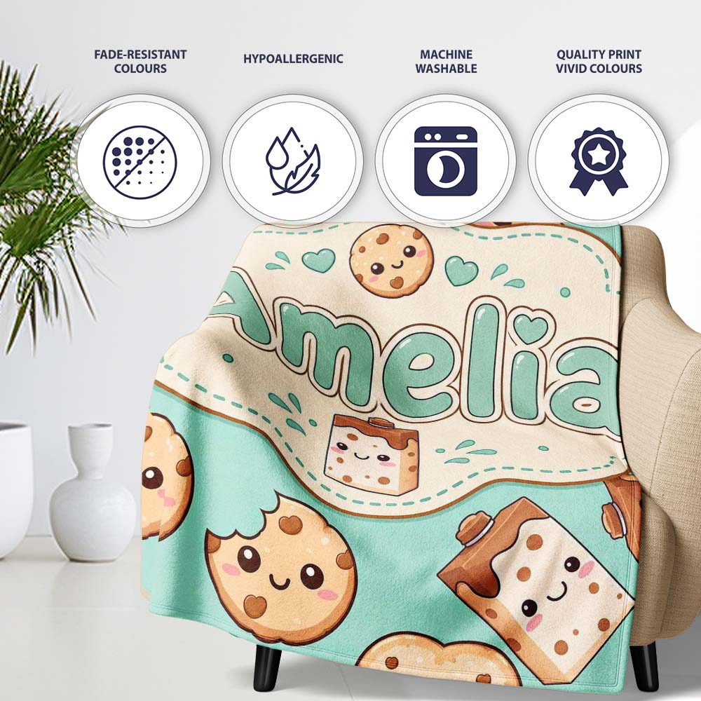 Cute Kawaii Cookies and Chocolate Milk Carton Teal Background  Personalised Custom Name Super Soft Fleece Blanket Bed Sofa Throw