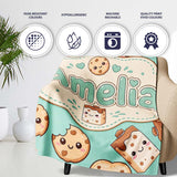 Cute Kawaii Cookies and Chocolate Milk Carton Teal Background  Personalised Custom Name Super Soft Fleece Blanket Bed Sofa Throw
