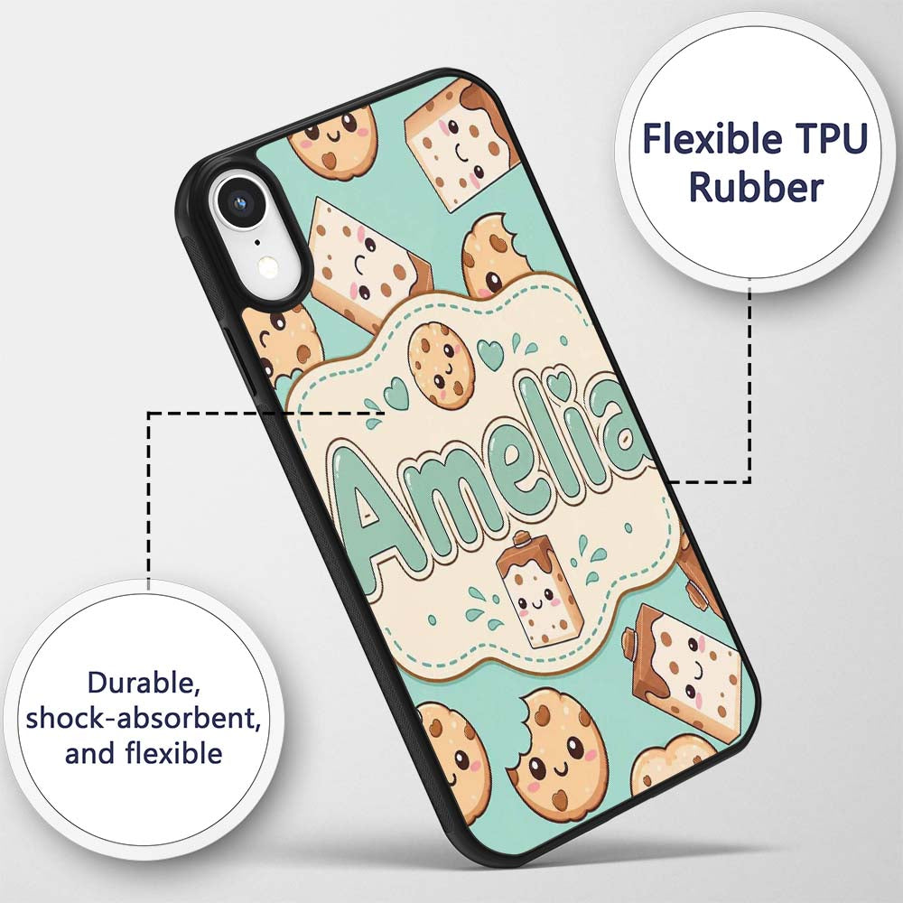 Cute Kawaii Cookies and Chocolate Milk Carton Custom Name Protective Phone Case Mobile Cover Durable Everyday Smartphone Shock Resistant