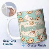 Personalized Custom Name Cute Kawaii Cookies and Chocolate Milk Carton Teal Background 11oz Ceramic Coffee Tea Mug White Large Handle