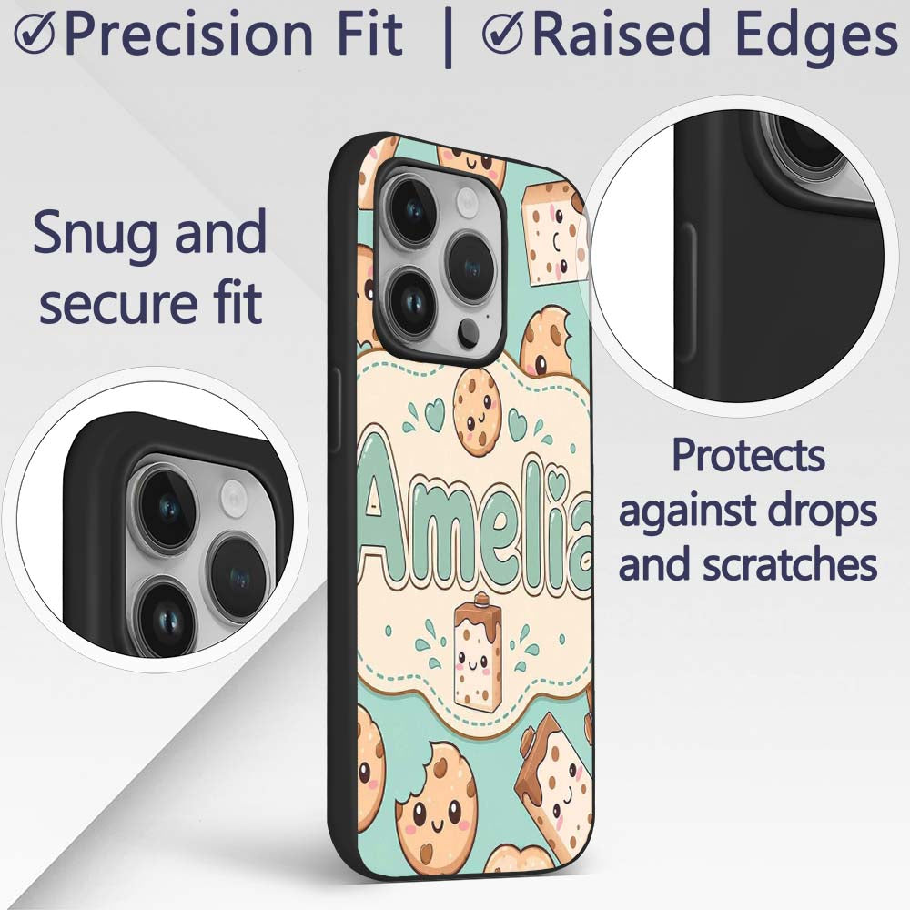 Cute Kawaii Cookies and Chocolate Milk Carton Custom Name Protective Phone Case Mobile Cover Durable Everyday Smartphone Shock Resistant