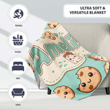 Cute Kawaii Cookies and Chocolate Milk Carton Teal Background  Personalised Custom Name Super Soft Fleece Blanket Bed Sofa Throw