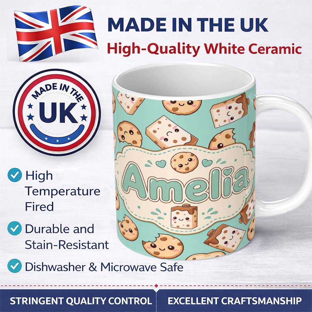 Personalized Custom Name Cute Kawaii Cookies and Chocolate Milk Carton Teal Background 11oz Ceramic Coffee Tea Mug White Large Handle