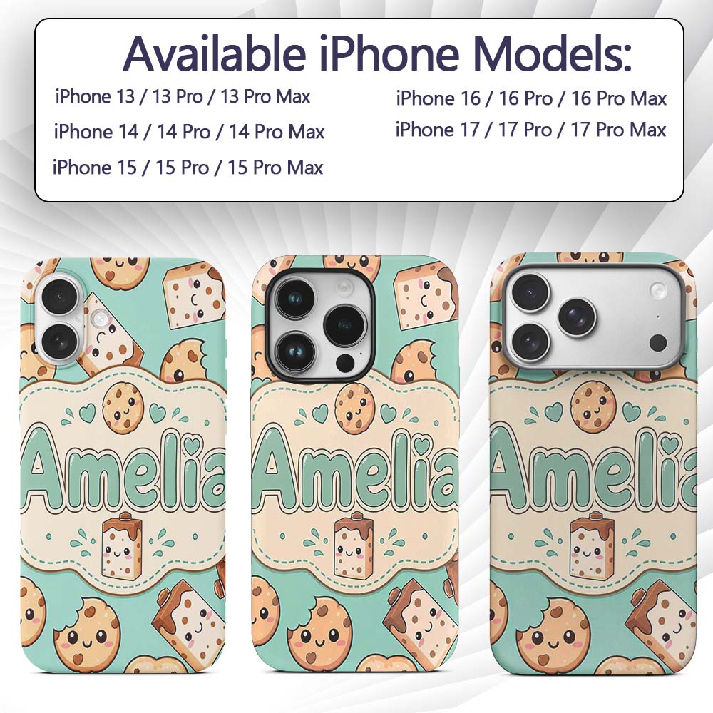 Cute Kawaii Cookies and Chocolate Milk Carton Custom Name Protective Phone Case Mobile Cover Durable Everyday Smartphone Shock Resistant