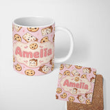 Personalized Custom Name Cute Kawaii Cookies and Chocolate Milk Carton Pink Background 11oz Ceramic Coffee Tea Mug White Large Handle