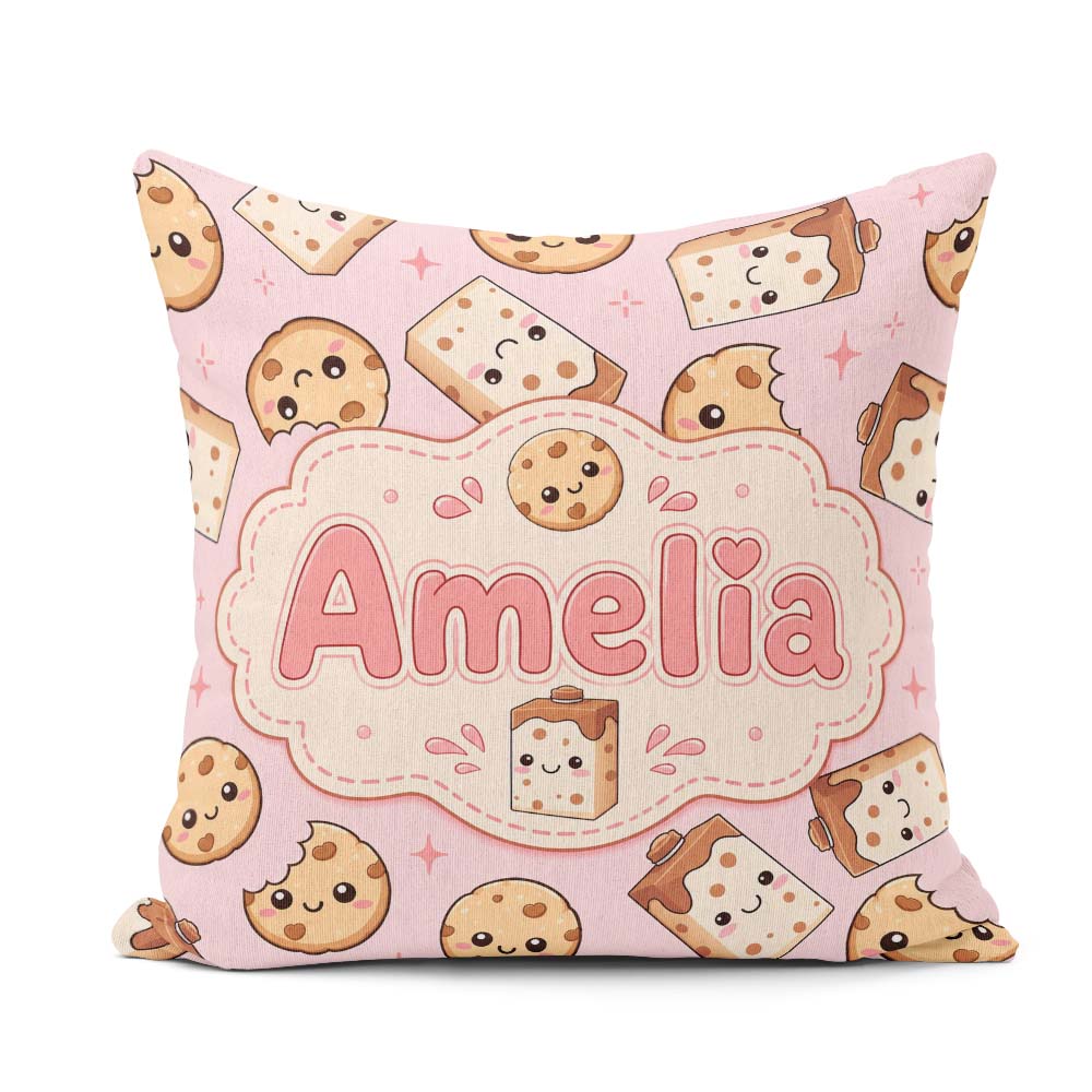 Custom Name Cute Kawaii Cookies and Milk Carton Pink Background Square Filled Cushion Throw Pillow Sofa Bed Home Decor Zip Washable UK Made