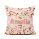 Custom Name Cute Kawaii Cookies and Milk Carton Pink Background Square Filled Cushion Throw Pillow Sofa Bed Home Decor Zip Washable UK Made