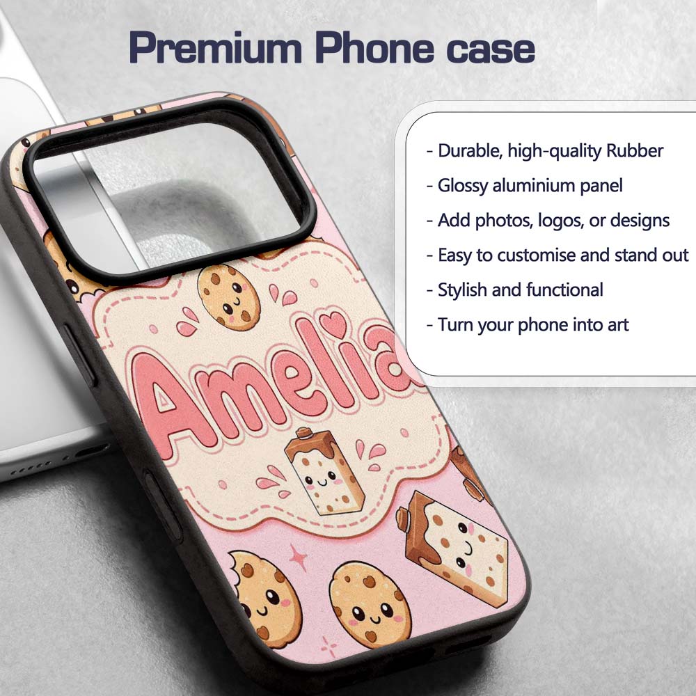 Cute Kawaii Cookies and Chocolate Milk Carton Custom Name Protective Phone Case Mobile Cover Durable Everyday Smartphone Shock Resistant