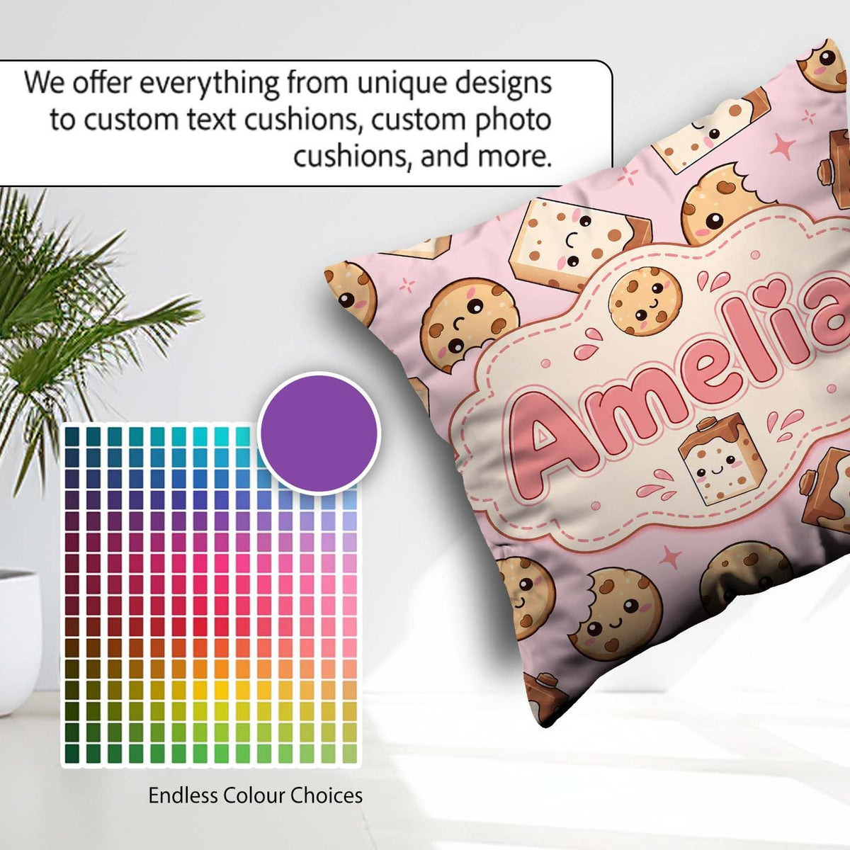 Custom Name Cute Kawaii Cookies and Milk Carton Pink Background Square Filled Cushion Throw Pillow Sofa Bed Home Decor Zip Washable UK Made