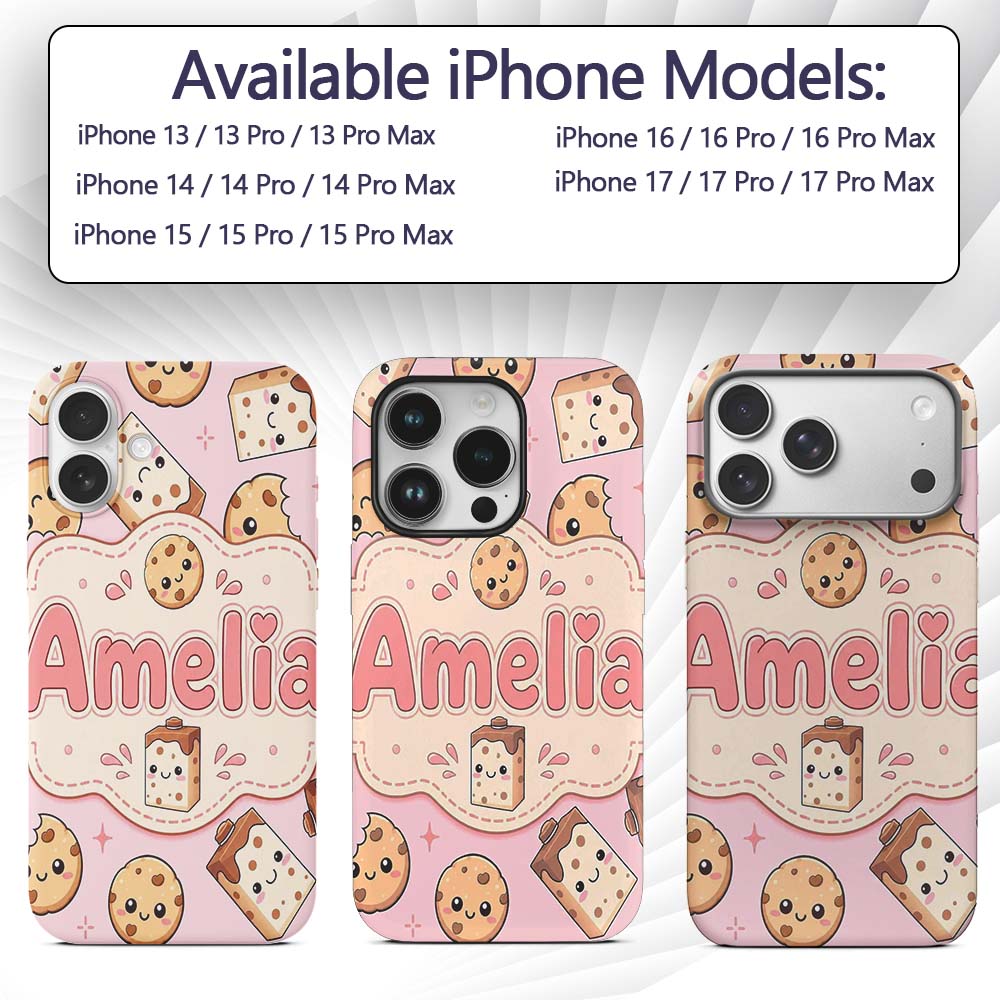 Cute Kawaii Cookies and Chocolate Milk Carton Custom Name Protective Phone Case Mobile Cover Durable Everyday Smartphone Shock Resistant