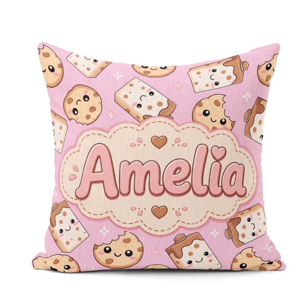 Custom Name Kawaii and Chocolate Milk Carton Light Pink Seamless Square Filled Cushion Throw Pillow Sofa Bed Home Decor Zip Washable UK Made