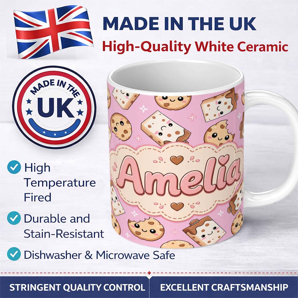 Personalized Custom Name Kawaii Cookies and Chocolate Milk Carton Light Pink Seamless 11oz Ceramic Coffee Tea Mug White Large Handle