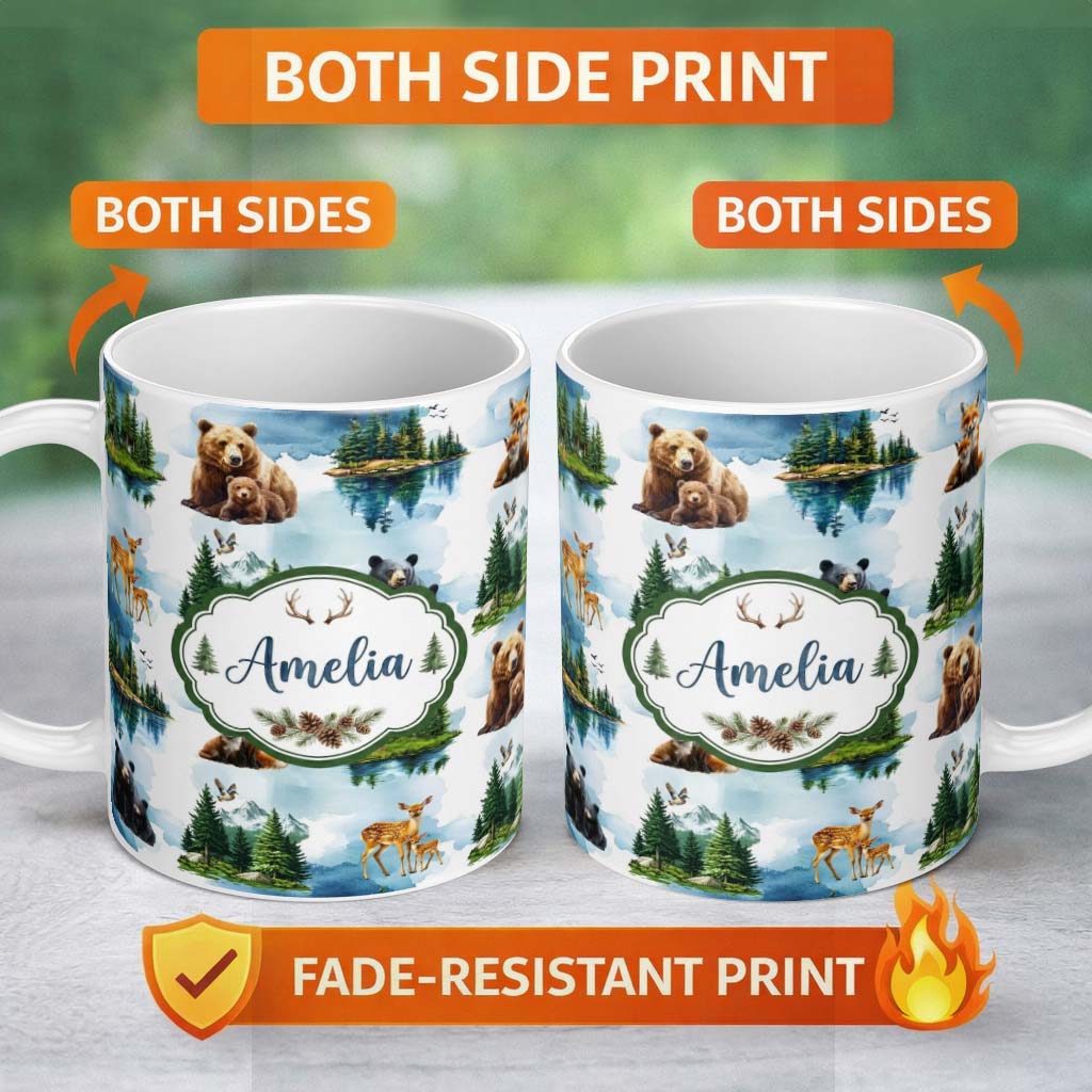 Personalized Custom Name Woodland Animals Forest Watercolor Pattern Cute Unique Gift Lovely 11oz Ceramic Coffee Tea Mug White Large Handle