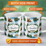 Personalized Custom Name Woodland Animals Forest Watercolor Pattern Cute Unique Gift Lovely 11oz Ceramic Coffee Tea Mug White Large Handle